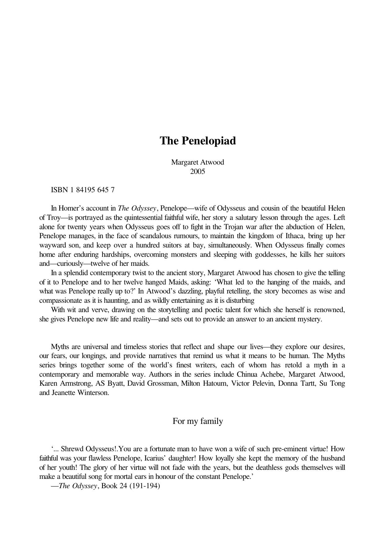 Myths: "The Penelopiad", "Weight", "A Short History of Myth", "A Word or 2 About Myths" by Karen Armstrong